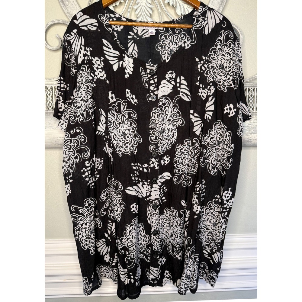 Roamans Womens Plus 20W Black White Floral Butterfly Rayon Button Front Tunic
